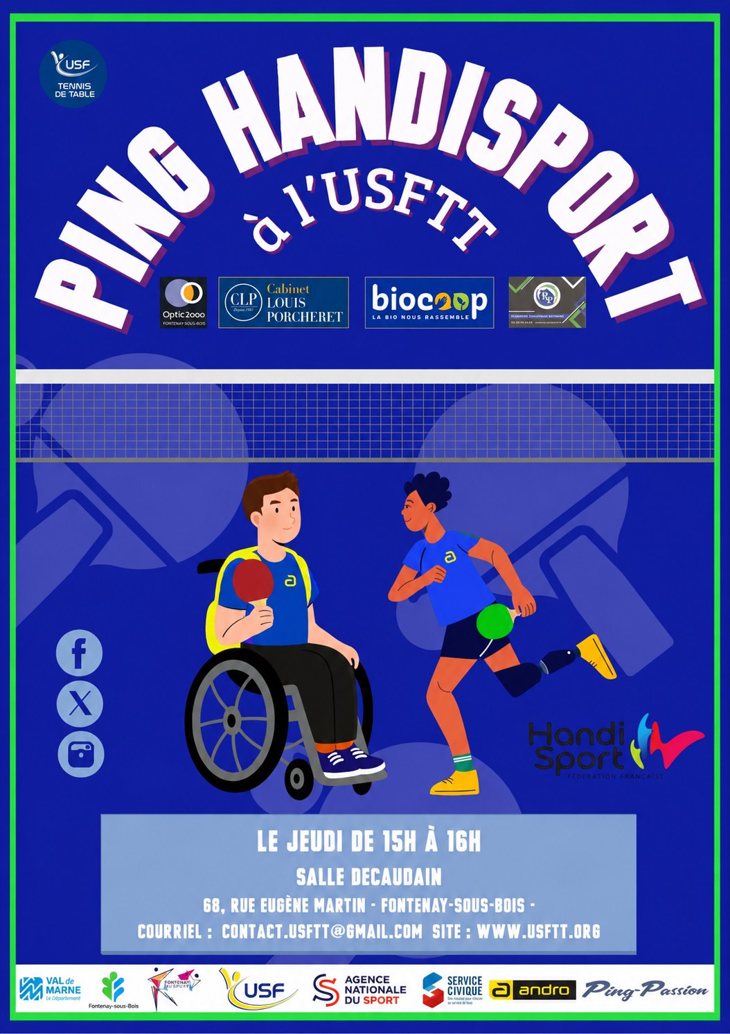 Affiche « Ping handisport à l’USFTT » — le jeudi de 15 h à 16 h, salle Decaudain