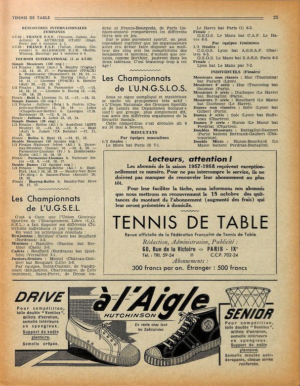 1958 — Parmentier-Lhomme battent les frères Vatheuer en finale (France Tennis de Table)