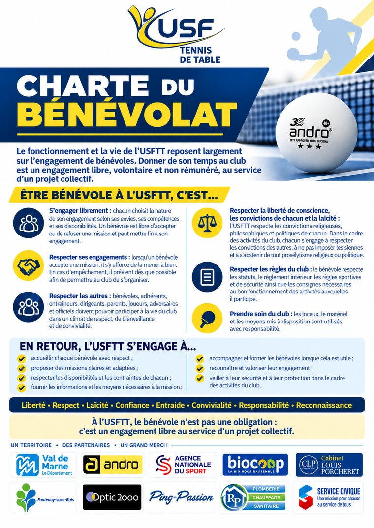 Affiche de la charte du b&eacute;n&eacute;volat de l'USFTT