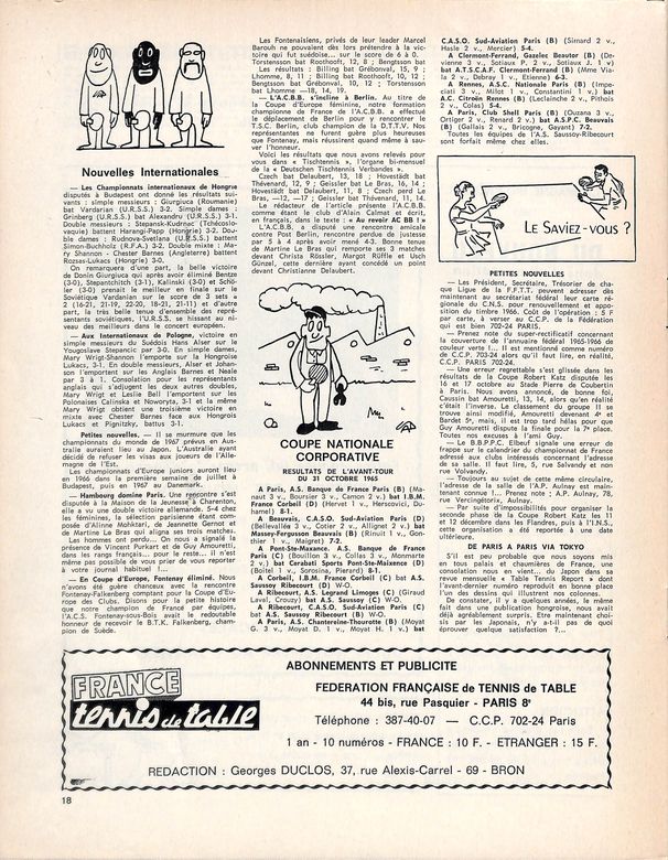 1965 — face au B.T.K. Falkenberg, champion de Suède (France Tennis de Table n°205)