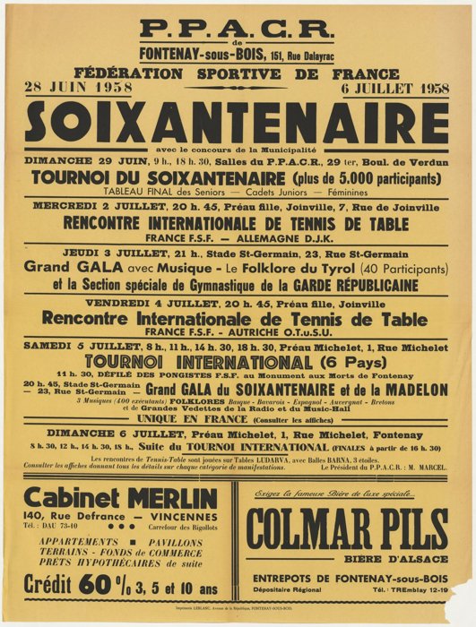 Affiche du Soixantenaire de la Fédération Sportive de France organisé par le P.P.A.C.R. en 1958