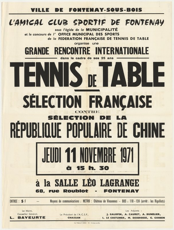 Affiche de la rencontre Sélection française – Sélection de la République populaire de Chine, jeudi 11 novembre 1971 à 15h30, salle Léo Lagrange, 68 rue Roublot à Fontenay-sous-Bois