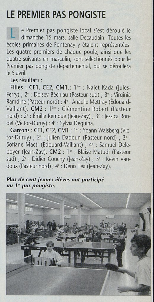 15 mars 1998 — résultats du Premier Pas Pongiste dans le bulletin municipal, Blaise Matuidi 1er en CM2 garçons