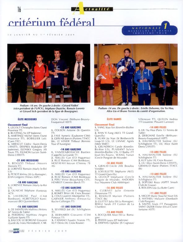 2009 — vice-champion du Critérium fédéral -18 ans (France Tennis de Table)