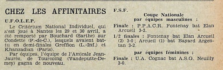 1956 — Coupe Nationale de la Fédération Sportive de France (France Tennis de Table)